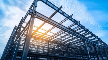 Steel structure roof truss frame and steel structure mezzanine floor are being constructed under a clear blue sky, showcasing the elegance and strength of steel structure architecture.