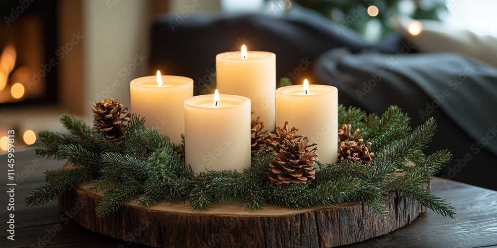 Poster candles and spruce tree branches create a warm and inviting atmosphere, perfect for enhancing any se