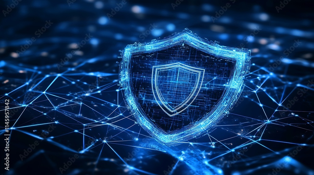 Poster digital shield technology concept with network connections and secure data protection visualization