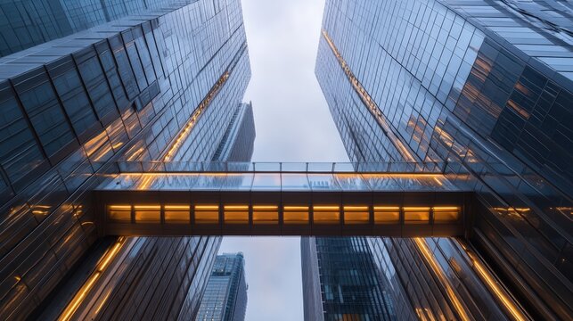 A sky-high bridge connecting two towering futuristic skyscrapers, with self-adjusting surfaces and energy-efficient lighting illuminating the path for pedestrians.