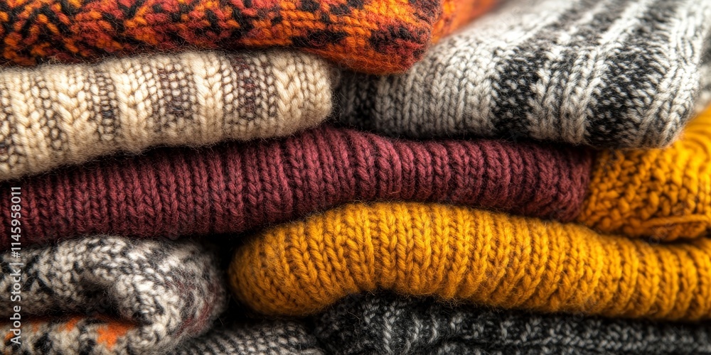 Poster collection of knitted woolen sweaters in autumn colors, showcasing various knitting patterns neatly 