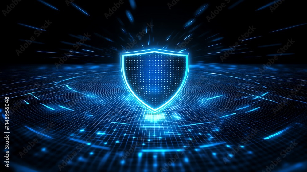 Poster Digital Shield with Blue Light Effect Representing Cybersecurity Protection and Data Safety Concepts