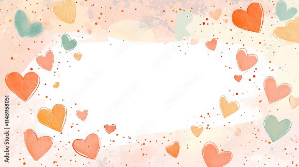Poster a collection of colorful hearts in shades of orange and green is arranged on a soft pastel backgroun