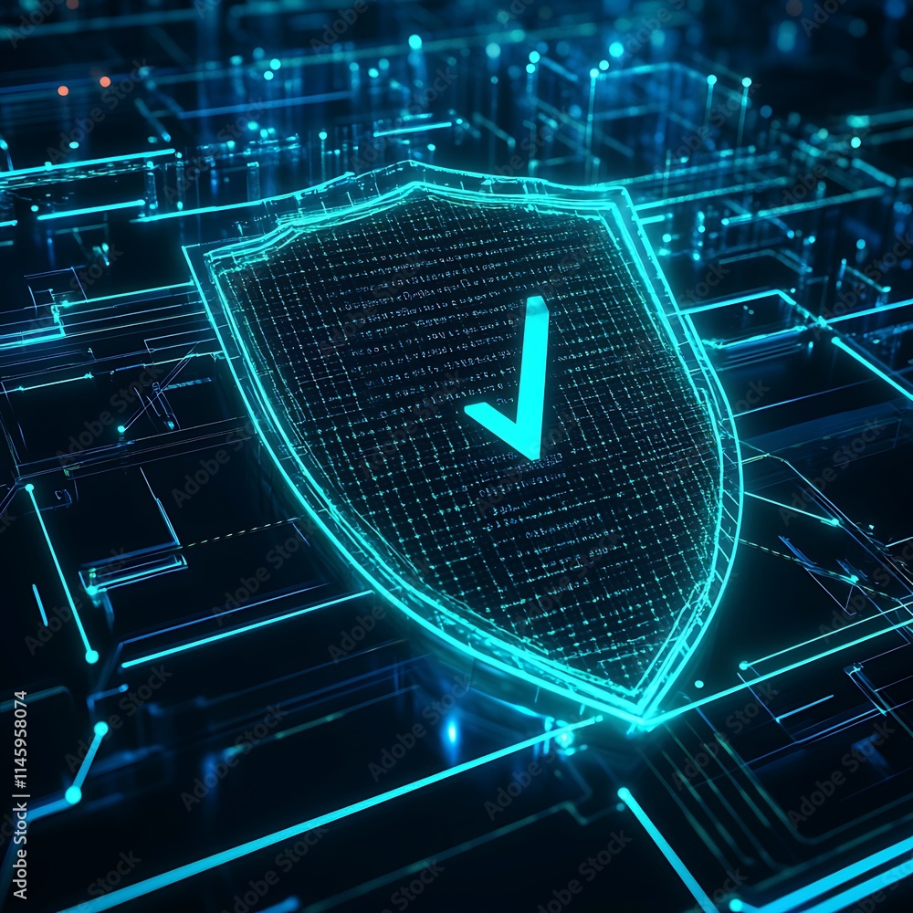 Poster digital shield with check mark on futuristic circuit board background for security concept
