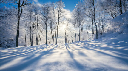 Naklejka premium Sunlit Winter Forest Path: A serene, snowy forest path stretches into the distance, bathed in the golden glow of the winter sun. The trees stand tall and proud.