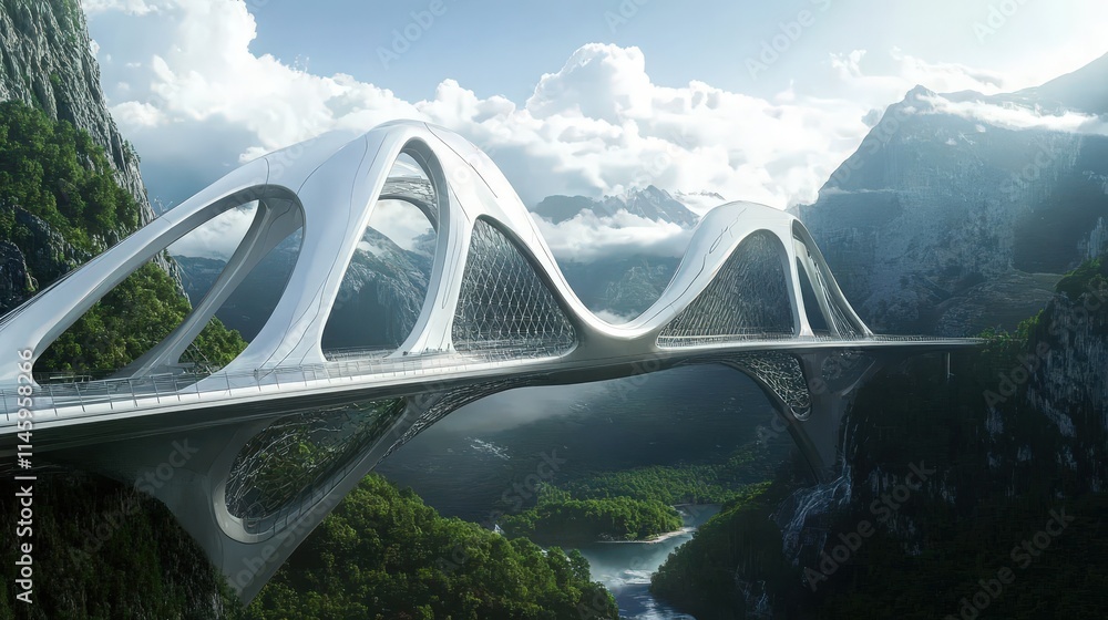 Poster a sleek, ultra-modern bridge that can transform into different shapes depending on the time of day, 