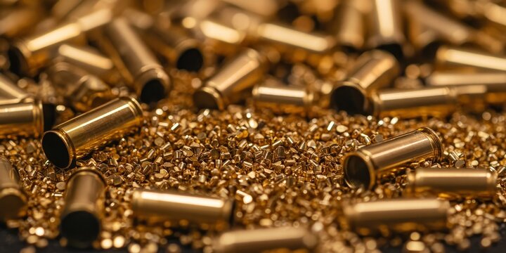 Reloading rifle brass cartridge cases surrounded by scattered lead shot highlights the essential process of ammunition preparation, showcasing the precision involved in handling rifle brass cartridge