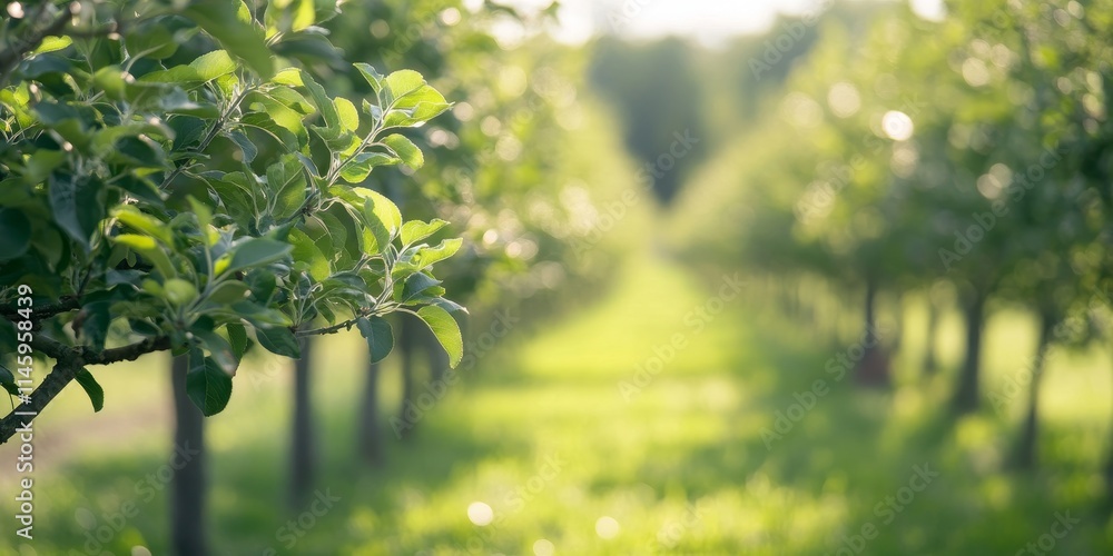 Poster row of apple orchard trees showcasing fruit trees with protective netting in spring. these cultivate