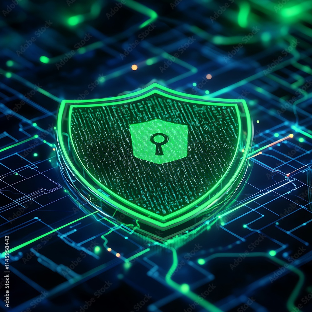 Poster digital shield with key icon representing cybersecurity and data protection concepts in technology e