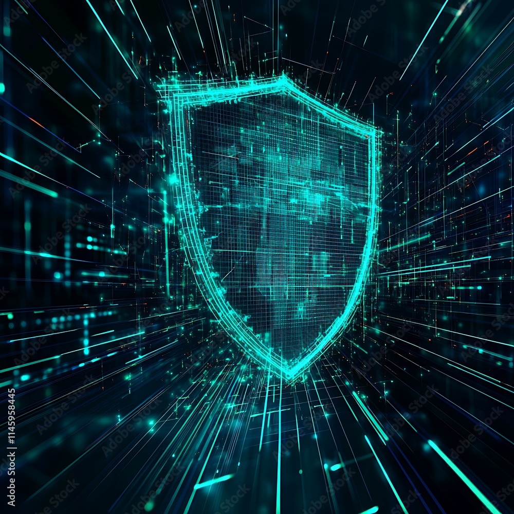 Poster digital shield with glowing lines and network connections representing cybersecurity and data protec