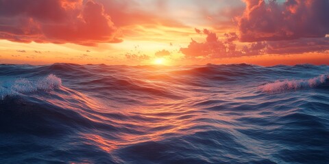 Obraz premium Serene sunset over the ocean, creating a picturesque backdrop with vibrant colors. The ocean s beauty shines during sunset, offering a stunning view of nature s artwork at dusk.