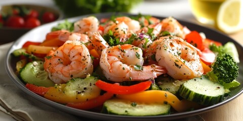 Delicious shrimp and salmon combine with fresh vegetables in this vibrant seafood salad, offering a perfect blend of flavors. Enjoy the tastes of shrimp and salmon in this healthy seafood salad.