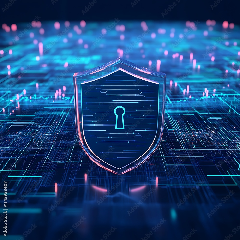Poster digital shield with keyhole on a futuristic background of data streams and cybersecurity elements