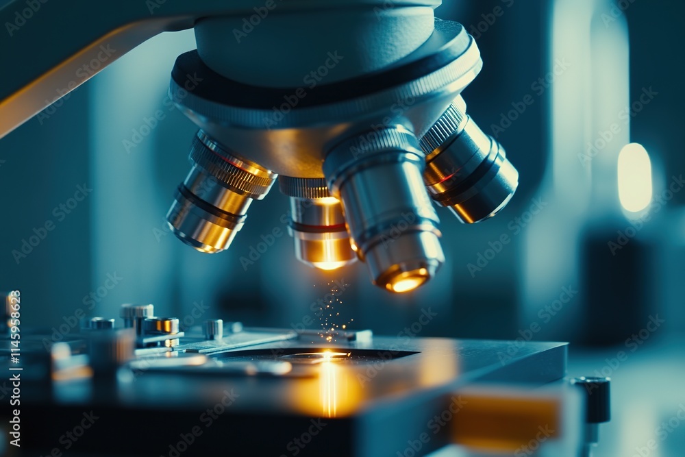 Poster close-up of scientist working with microscope in laboratory bright and clean environment with blurre