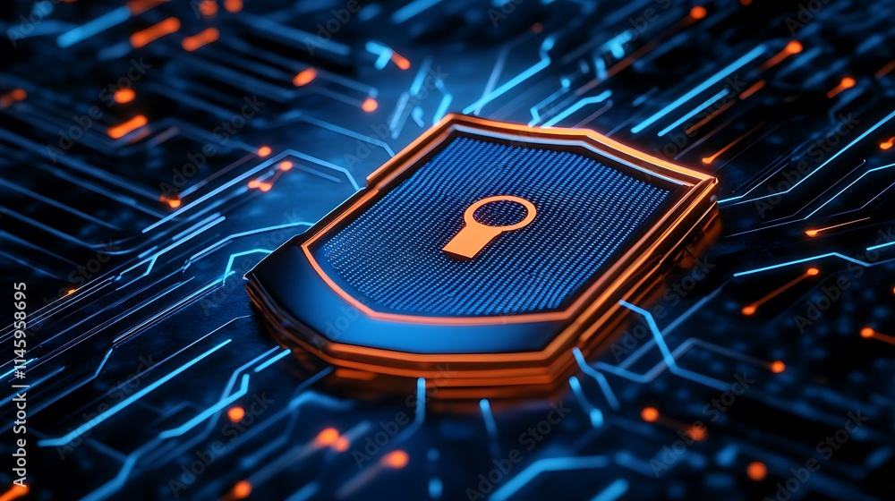 Poster digital shield with keyhole on electronic circuit background representing cyber security concept