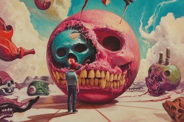 A person stands before a massive skull, with a sense of reverence or respect