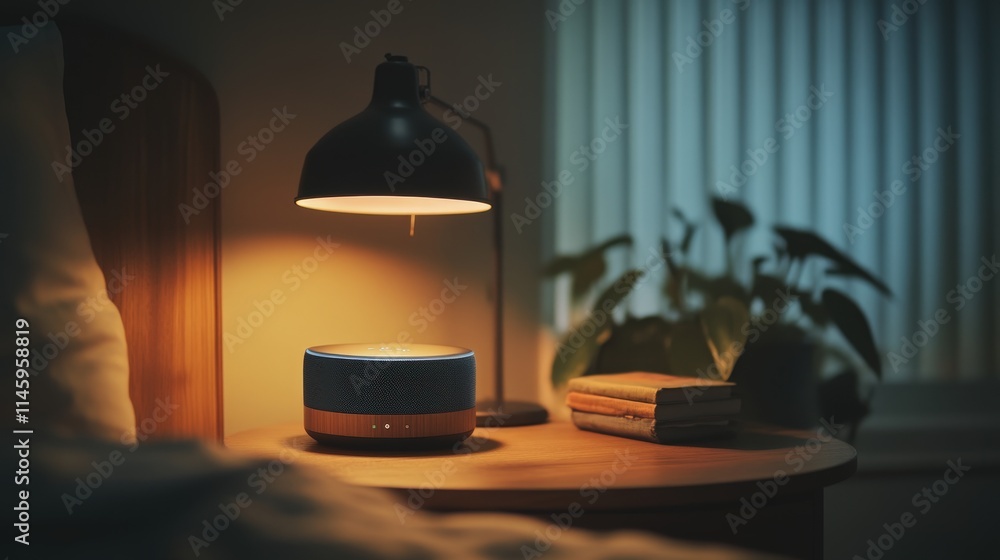 Poster a smart home assistant speaker placed on a nightstand, providing weather updates and setting reminde