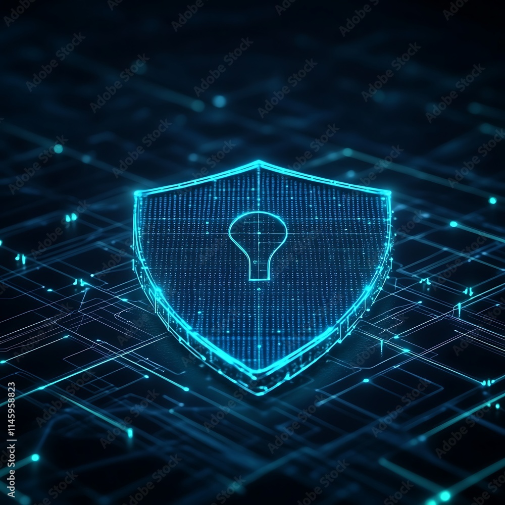 Poster digital shield with keyhole symbolizing cybersecurity and protection in a technological environment
