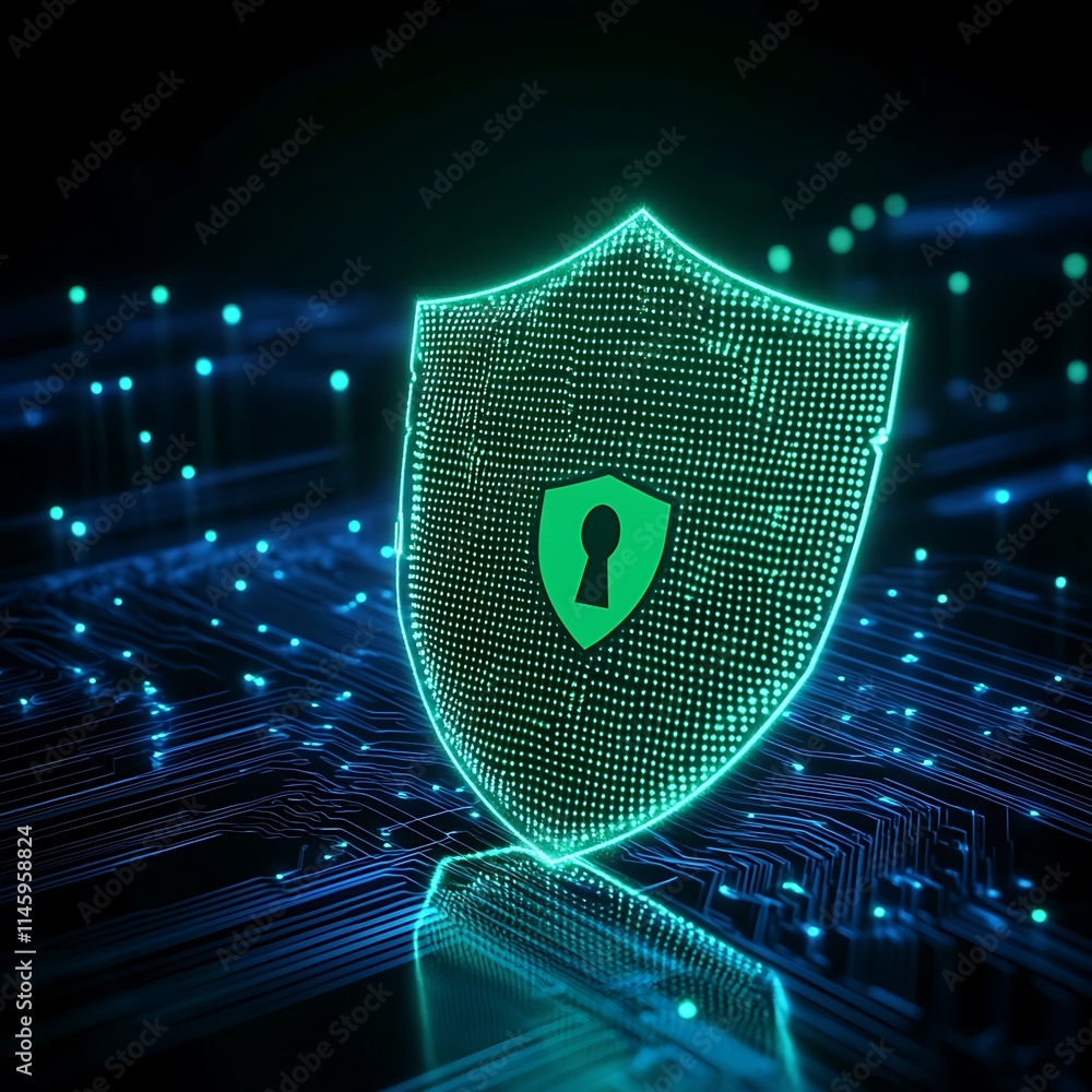Poster digital shield with keyhole symbol representing cybersecurity and online protection in a futuristic 