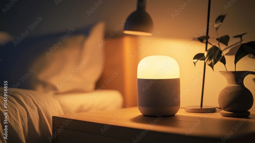 Poster a smart home assistant speaker placed on a nightstand, providing weather updates and setting reminde