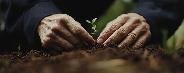 close-up of hands planting small sapling in rich soil outdoors