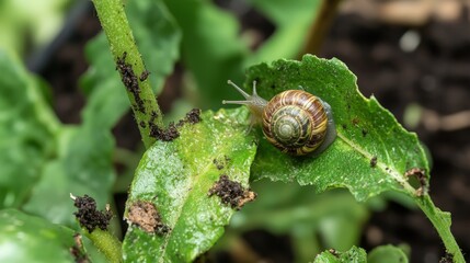 A snail munching on the leaves of a garden plant, leaving a trail of slime.