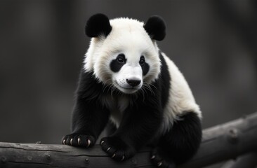 Obraz premium Baby panda is sitting on branch. Panda animal is looking at camera. Portrait of panda.