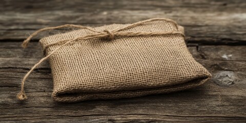 Burlap pouch secured with string resting on a weathered wooden table, showcasing the rustic charm of burlap in a cozy setting, ideal for various creative projects and presentations.