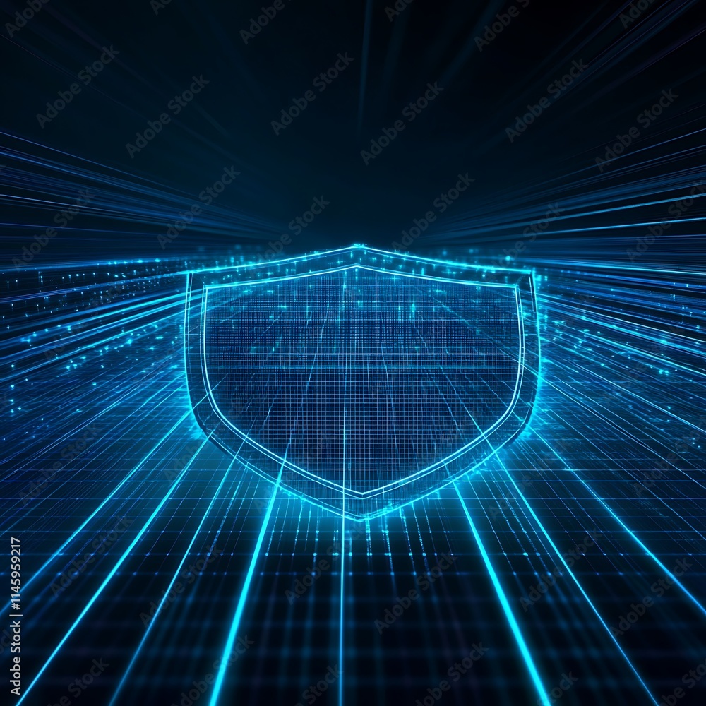 Poster digital shield with neon glow representing cybersecurity protection and data safety concepts