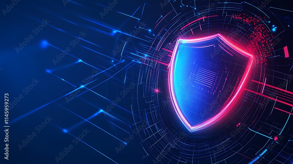 Poster digital shield with neon light effect representing cyber security and information protection concept