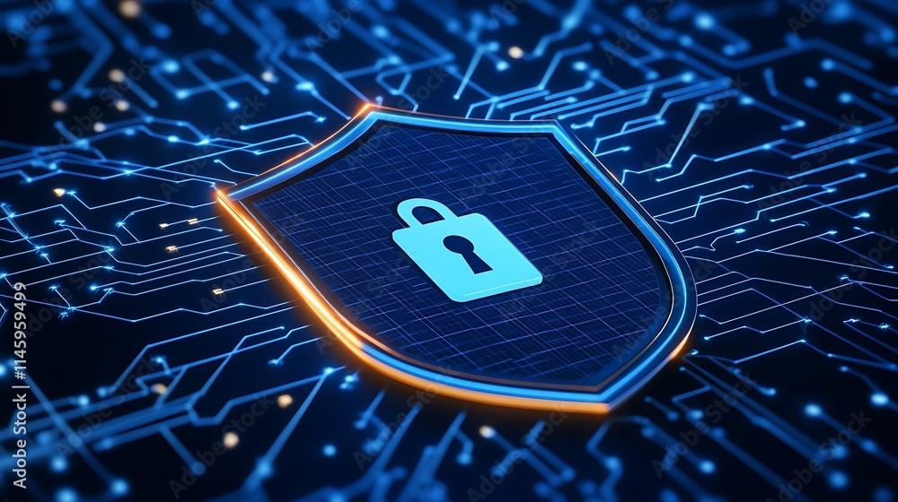 Poster digital shield with padlock symbol on circuit background for cybersecurity and data protection theme