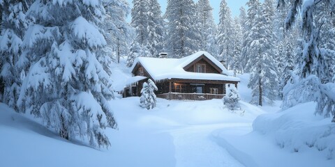 Charming winter house blanketed in snow, inviting adventurous travelers and extreme sports enthusiasts to explore its serene surroundings and enjoy the beauty of winter adventures.