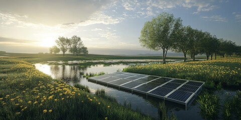 Solar hydro panels installed across an open field demonstrate the innovative use of solar hydro technology. These solar hydro panels are designed to harness renewable energy effectively.