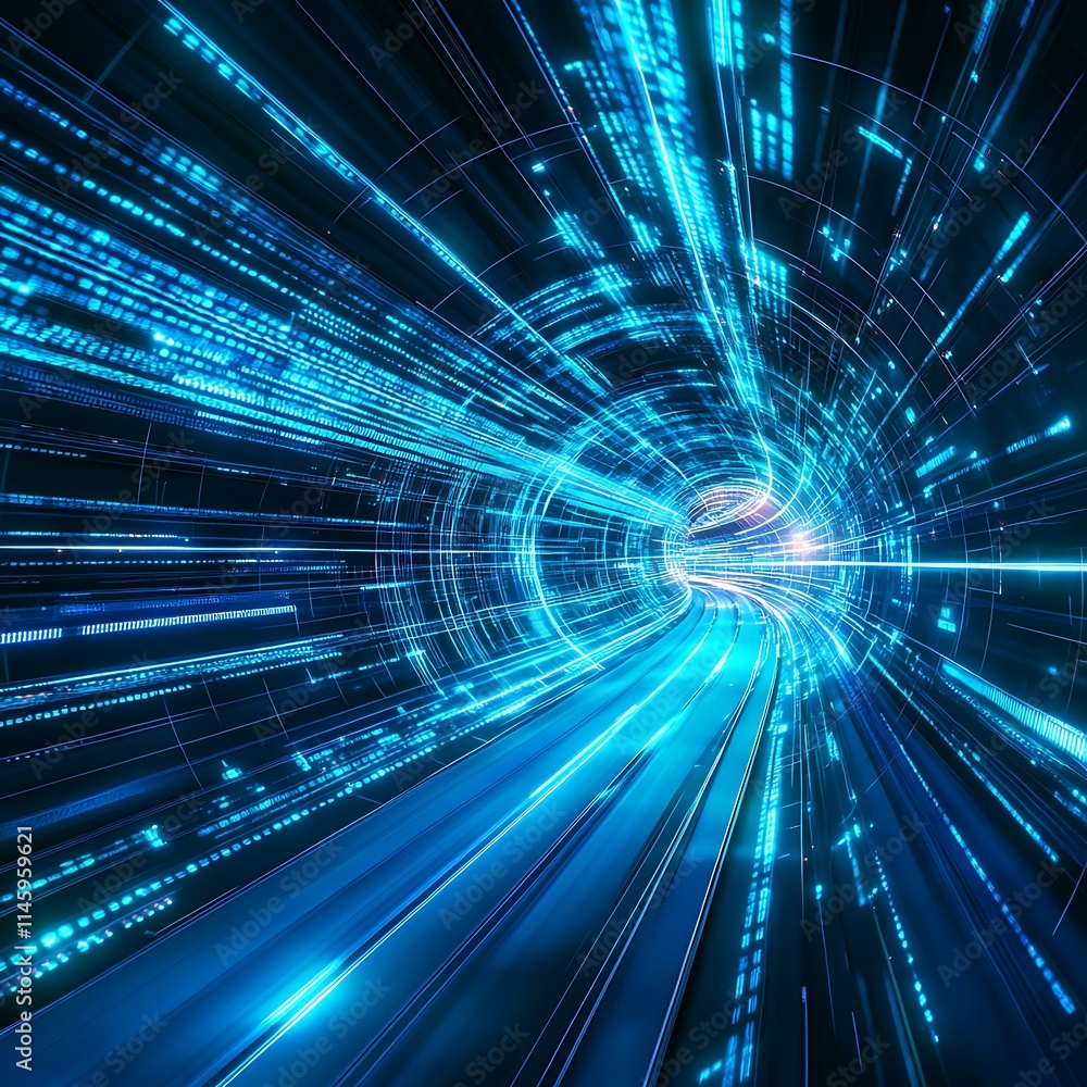 Poster dynamic light trail in abstract data space with vibrant blue and black background creating energy vo