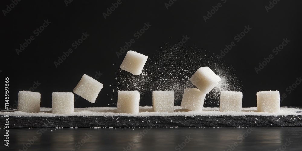 Poster cube sugars displayed on a black background create a striking visual. the cube sugars contrast beaut