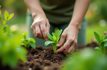 Spring, spring gardening. Person is planting seedling in dirt. Concept of growth and nurturing, as person plating places seedling in soil. Image also suggests eco importance of taking care of plants