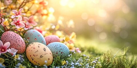 Joyful Easter celebration. Festive Easter background featuring colorful Easter eggs and vibrant flowers. A delightful Easter scene with ample copy space. Focused details enhance the festive spirit.