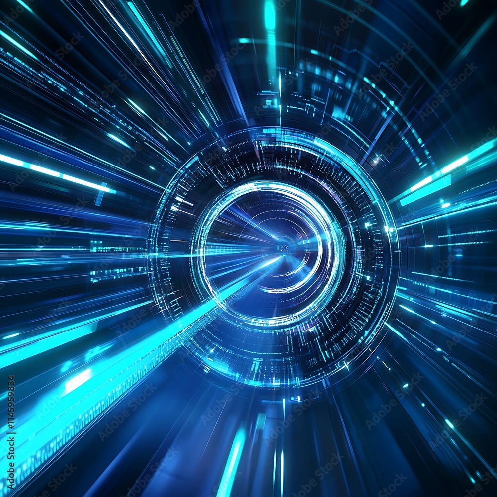 Poster futuristic abstract design with dynamic light rays and circular patterns in digital space