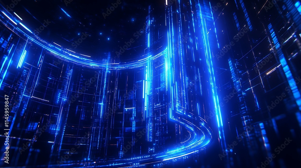 Poster futuristic abstract digital background with glowing blue lines and data streams in 3d space