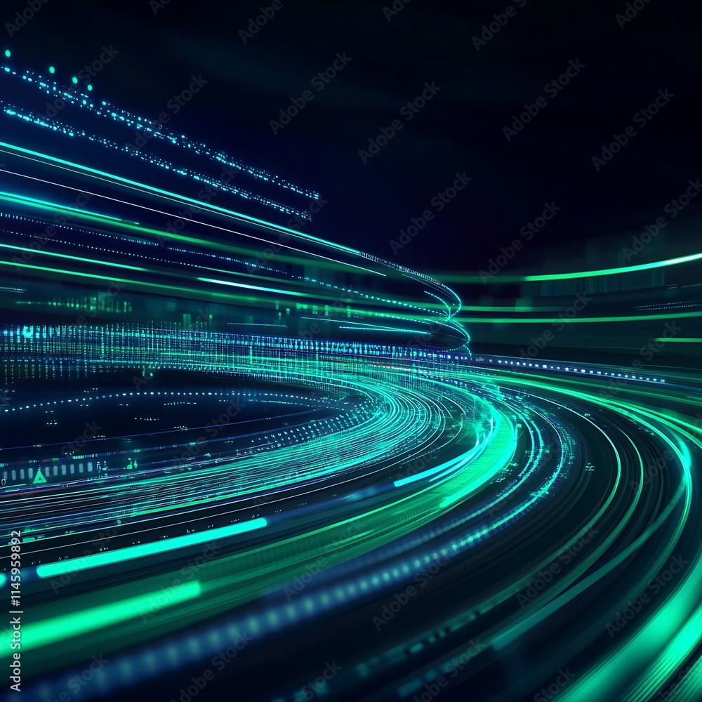 Poster futuristic abstract digital data flow with bright light trails and glowing lines in dark background
