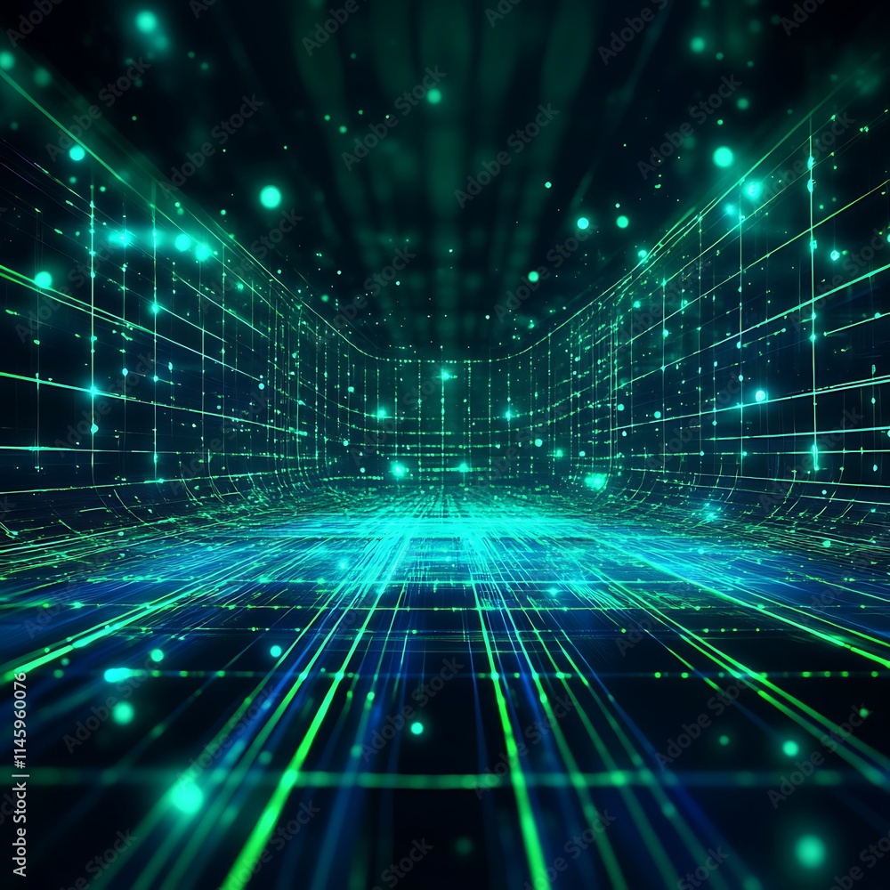 Poster futuristic abstract digital space with glowing grid lines and matrix patterns in vibrant blue and gr