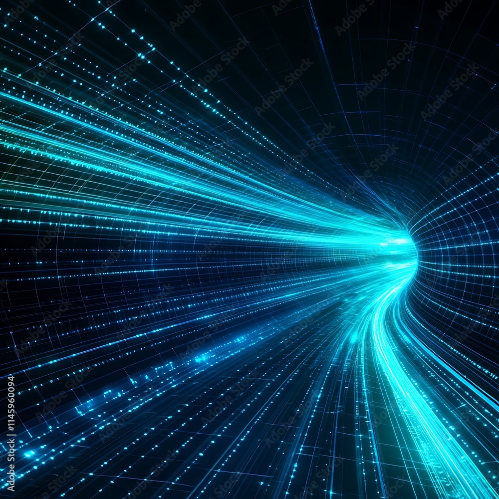 Poster futuristic abstract light tunnel with dynamic blue and teal lines creating a sense of speed and moti
