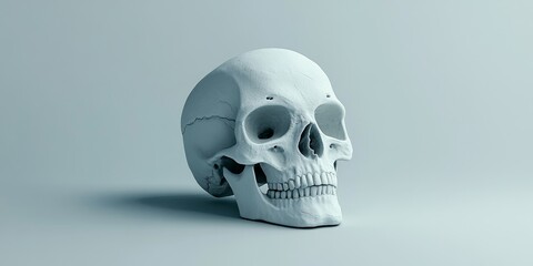 Three dimensional representation of a skull placed against a plain backdrop. This 3D skull render is set on a simple, unobtrusive background, highlighting its features.