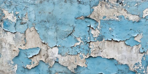 Fototapeta premium Vintage blue paint shows peeling off the uneven, rough texture of a wall, revealing cement grain beneath. This rustic backdrop offers a unique copyspace to highlight vintage aesthetics.