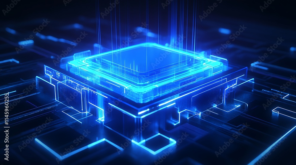Poster futuristic blue neon circuit board with central processing unit and data streams in dark environment