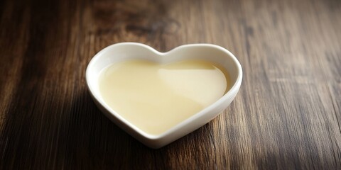 Condensed milk served in a heart shaped white glass saucer creates a charming display on a dark wooden table, highlighting the delightful appeal of condensed milk in a unique way.