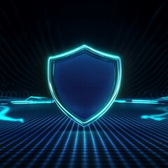 Fototapeta premium Futuristic Blue Neon Shield in High-Tech Digital Environment with Glow and Mesh Design