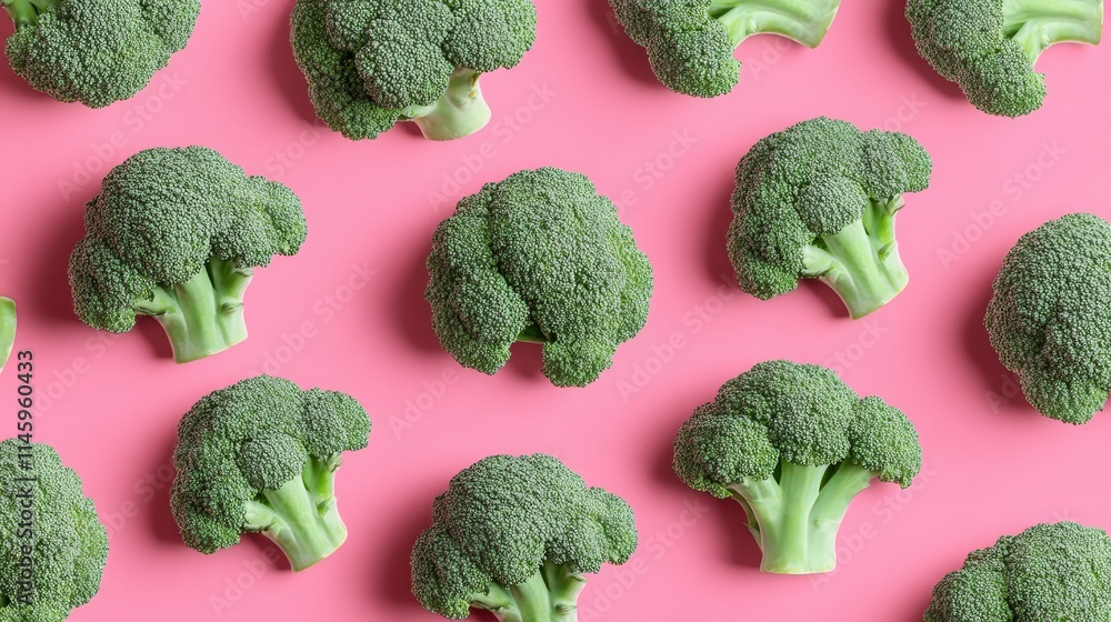Poster Seamless pattern featuring fresh broccoli displayed on a pink background. This seamless pattern of fresh broccoli captures the vibrant essence of fresh broccoli in a unique design.