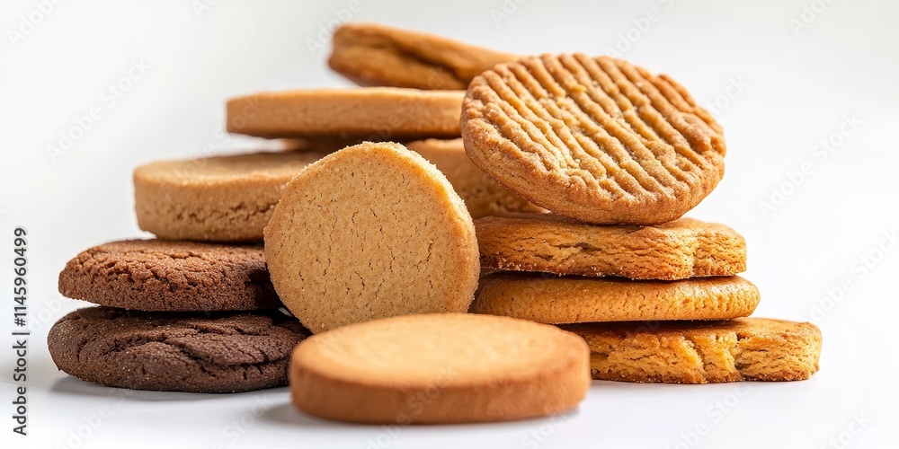 Poster close up of assorted ginger biscuits presented against a white background in a studio setting, showc