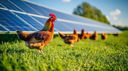 Fototapeta premium A sustainable chicken farm with solar panels and eco-friendly practices, emphasizing green farming methods
